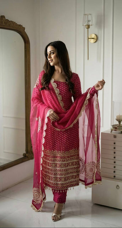 Pink Bandhani Printed Georgette Kurti Pant Dupatta Set