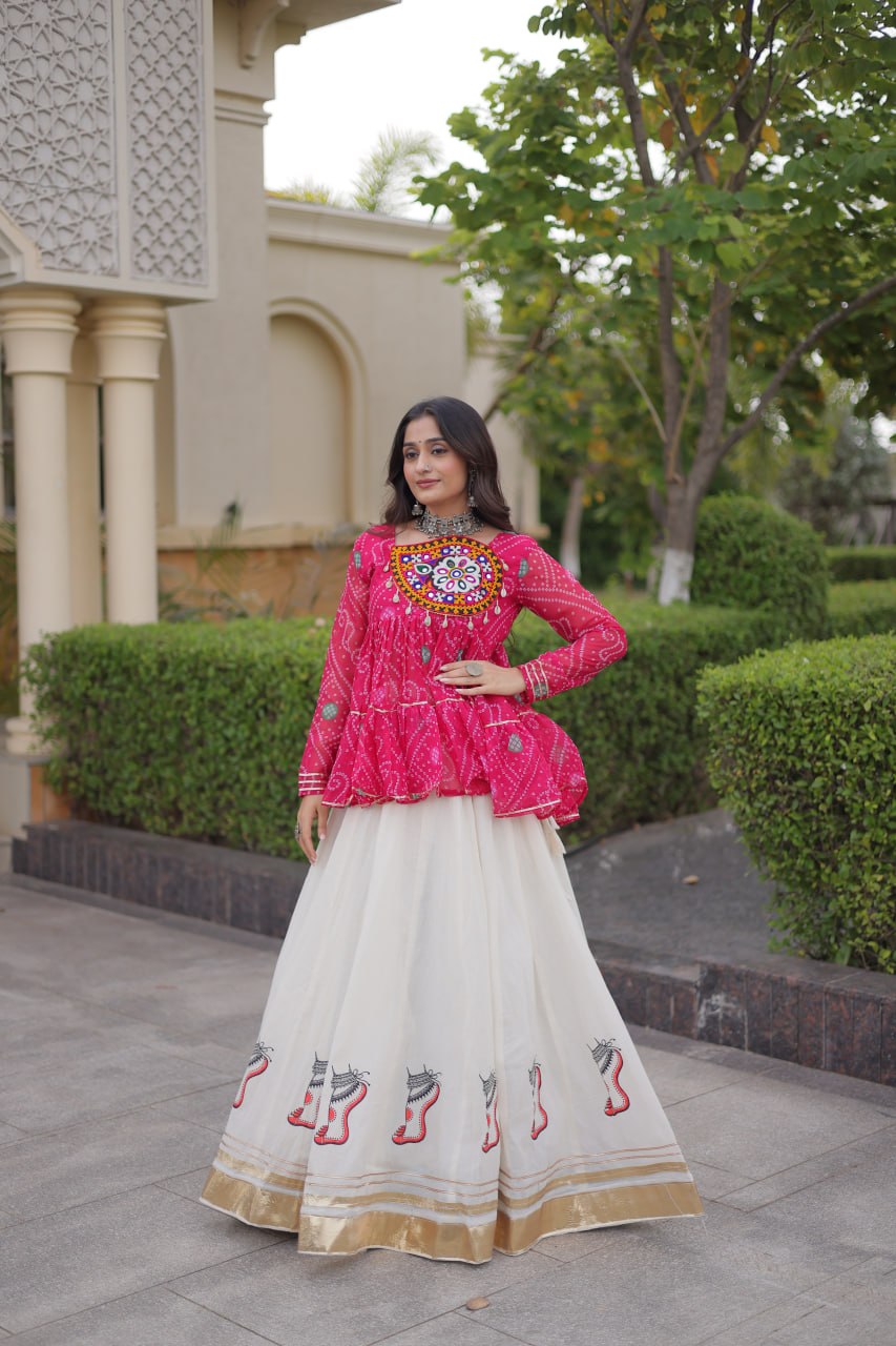 Pink Bandhani Gamthi Embroidered Peplum Top with Kora Cotton Gota Lace Lehenga