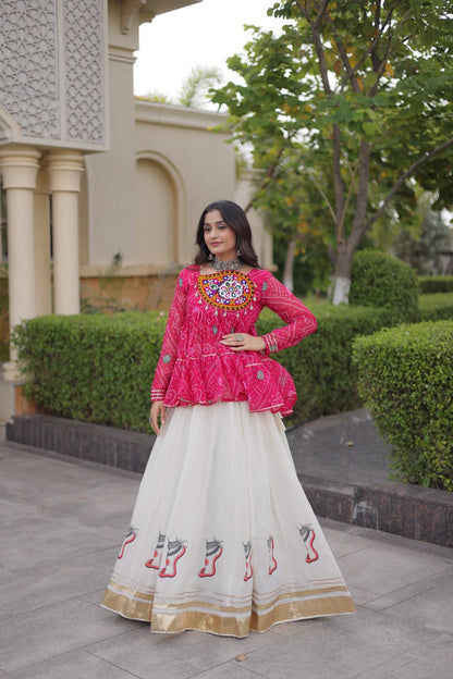 Pink Bandhani Gamthi Embroidered Peplum Top with Kora Cotton Gota Lace Lehenga
