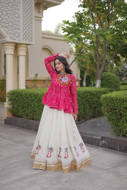 Pink Bandhani Gamthi Embroidered Peplum Top with Kora Cotton Gota Lace Lehenga