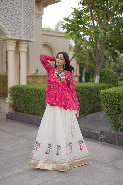 Pink Bandhani Gamthi Embroidered Peplum Top with Kora Cotton Gota Lace Lehenga