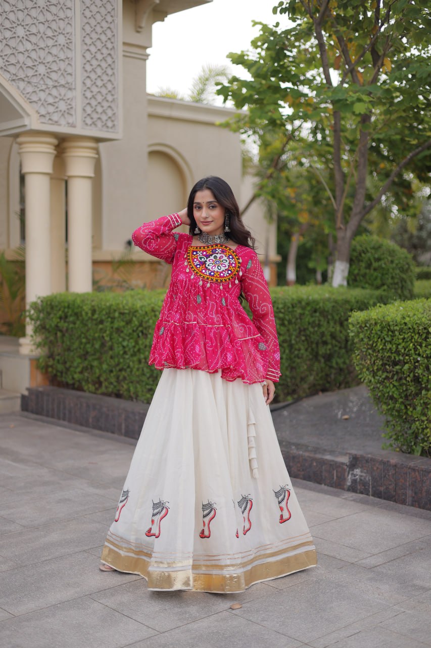 Pink Bandhani Gamthi Embroidered Peplum Top with Kora Cotton Gota Lace Lehenga