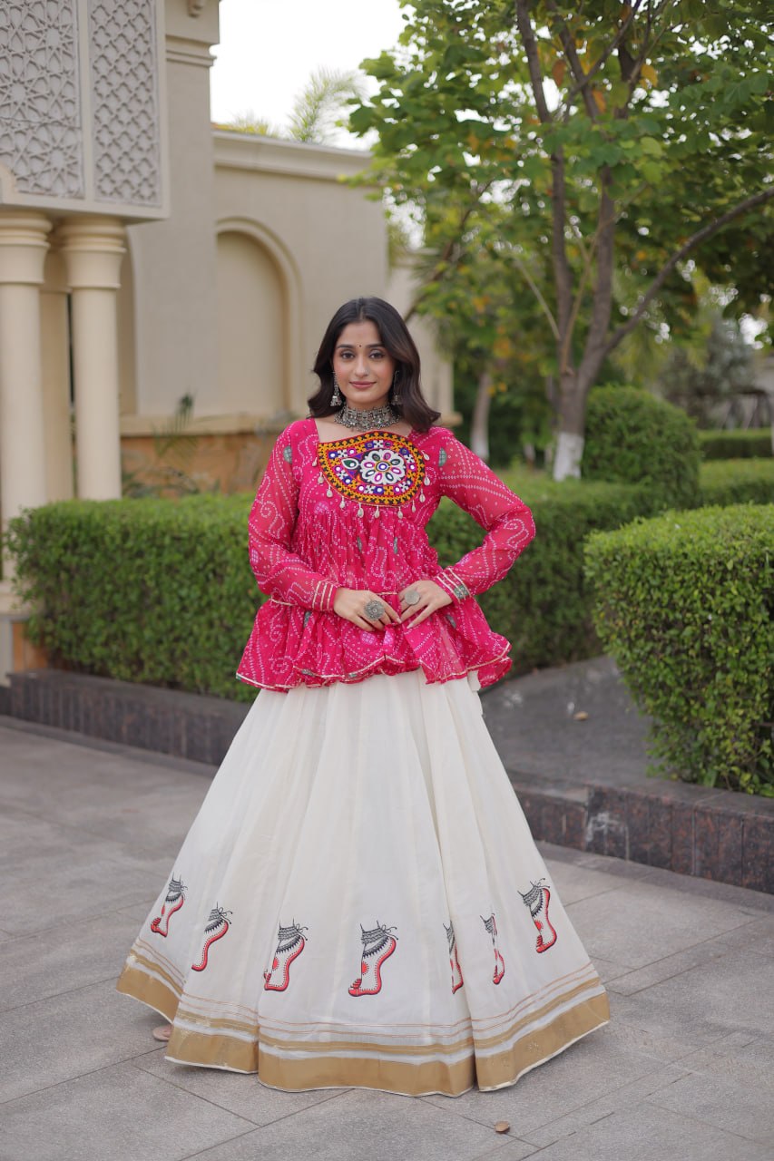 Pink Bandhani Gamthi Embroidered Peplum Top with Kora Cotton Gota Lace Lehenga