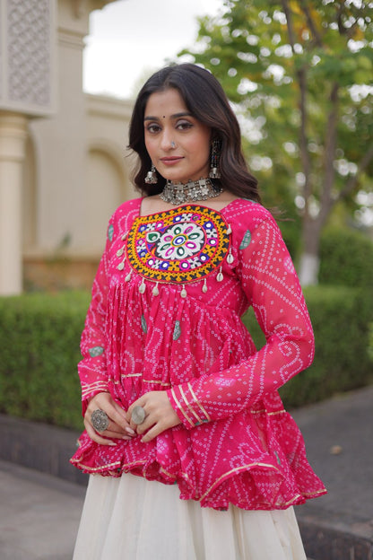Pink Bandhani Gamthi Embroidered Peplum Top with Kora Cotton Gota Lace Lehenga