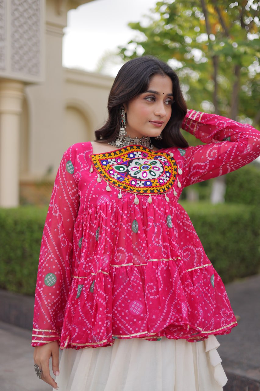 Pink Bandhani Gamthi Embroidered Peplum Top with Kora Cotton Gota Lace Lehenga