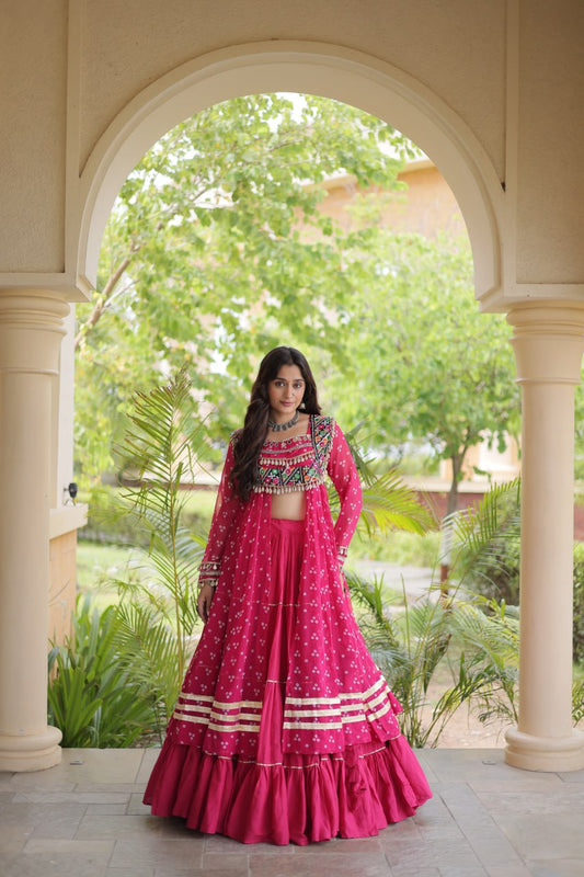 Pink Bandhani Lehenga Choli with Kutchi Gamthi Patchwork Shrug