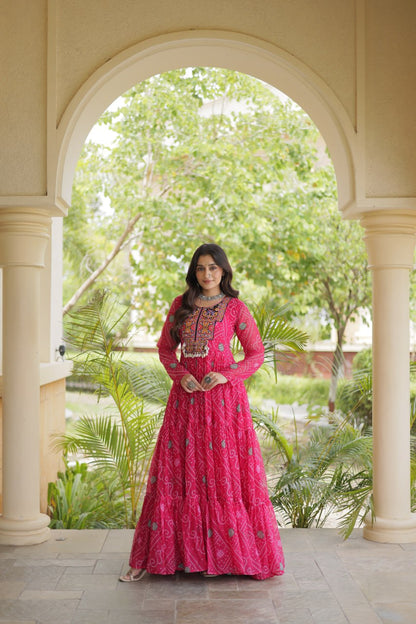 Pink Bandhani Print Kutchi Gamthi Patchwork Gown