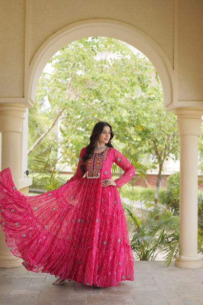 Pink Bandhani Print Kutchi Gamthi Patchwork Gown