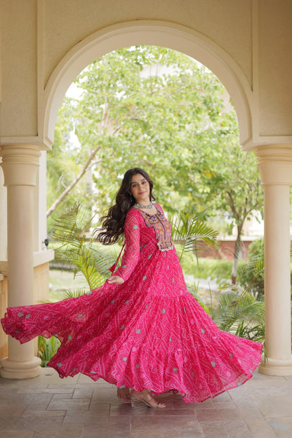 Pink Bandhani Print Kutchi Gamthi Patchwork Gown