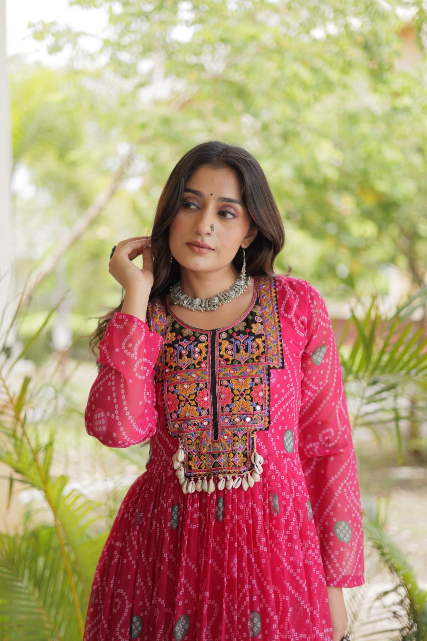 Pink Bandhani Print Kutchi Gamthi Patchwork Gown