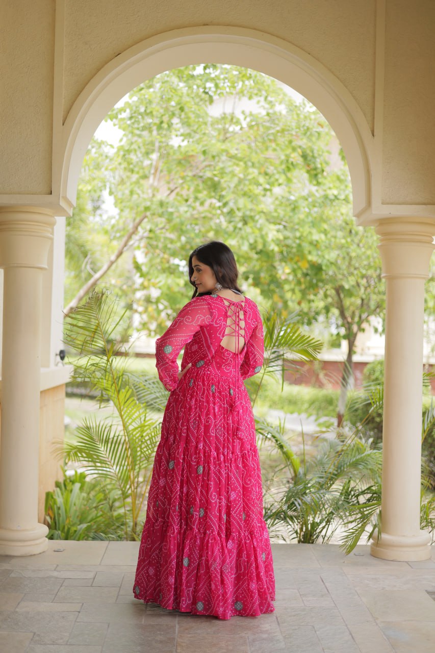 Pink Bandhani Print Kutchi Gamthi Patchwork Gown