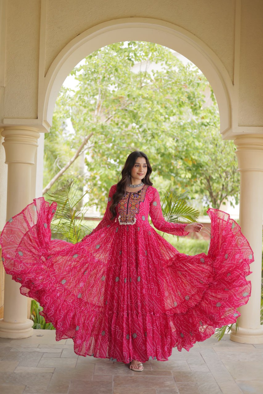 Pink Bandhani Print Kutchi Gamthi Patchwork Gown