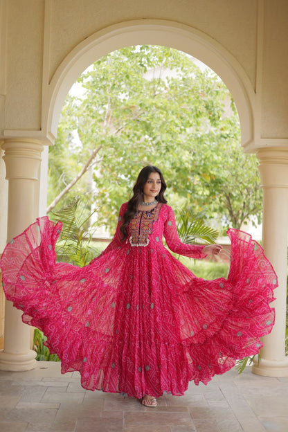 Pink Bandhani Print Kutchi Gamthi Patchwork Gown
