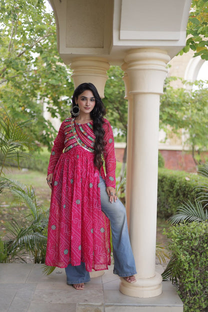 Purple Bandhani Print Kutchi Gamthi Patchwork Kurti