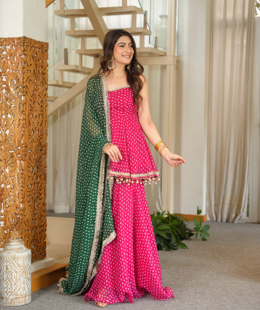 Pink Bandhej Print Kediya Palazzo Set with Green Dupatta