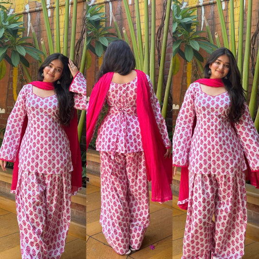 Pink Cambric Cotton Farshi Salwar Suit with Dupatta