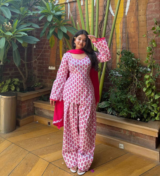 Pink Cambric Cotton Farshi Salwar Suit with Dupatta
