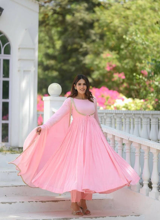 Pink Vichitra Silk Anarkali Gown with Dupatta