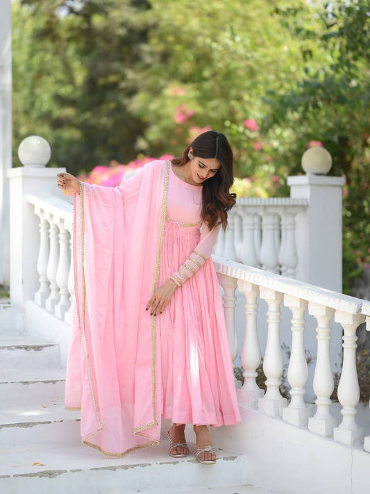 Pink Vichitra Silk Anarkali Gown with Dupatta