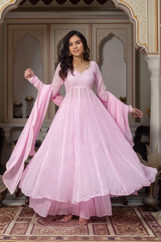 Baby Pink Georgette Anarkali Suit Set with Palazzo & Dupatta