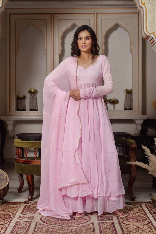 Baby Pink Georgette Anarkali Suit Set with Palazzo & Dupatta
