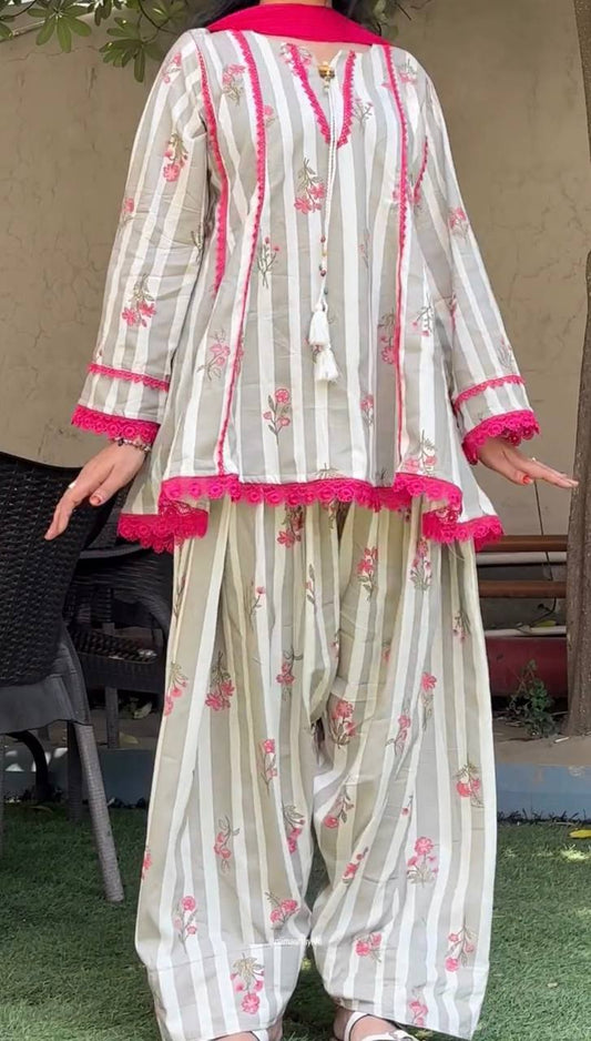 Pink Floral Printed Cotton Farshi Salwar Suit Set with Dupatta