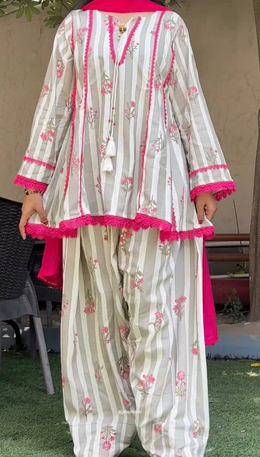 Pink Floral Printed Cotton Farshi Salwar Suit Set with Dupatta