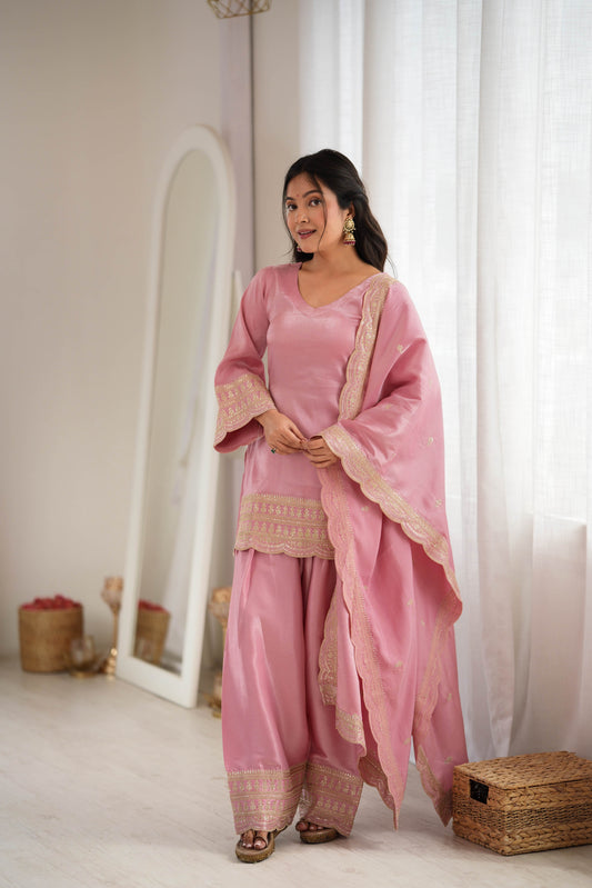 Pink Glass Roman Silk Farshi Shalwar Suit Set with Embroidered Dupatta