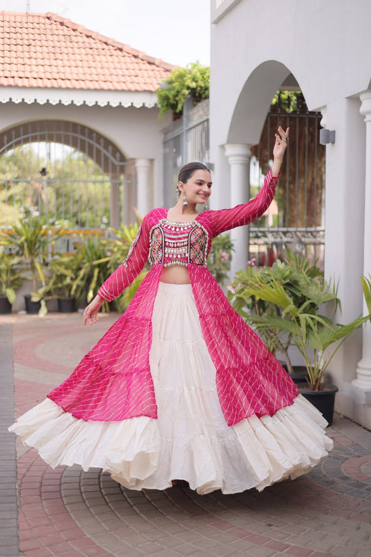 Pink Laheriya Georgette Kurti with White Kora Cotton Lehenga Set