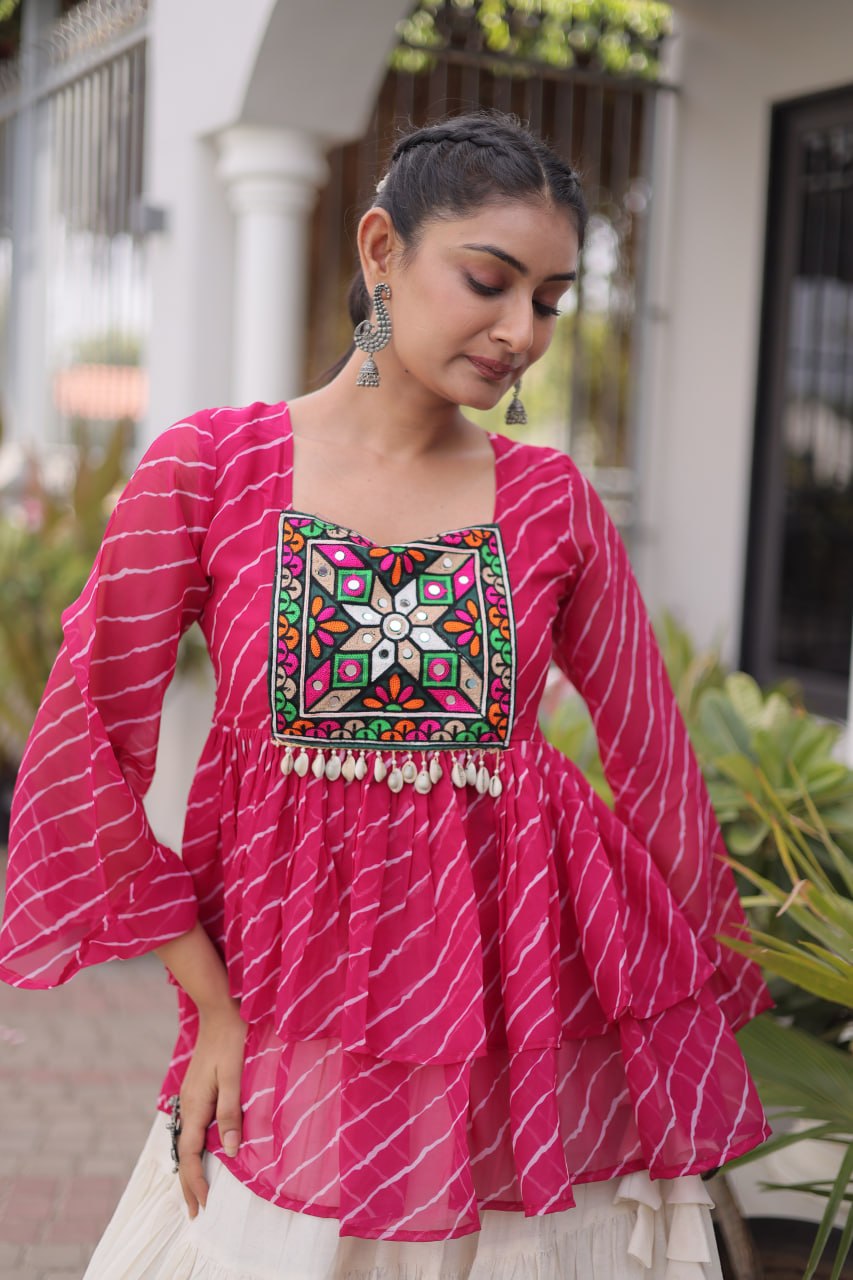 Pink Laheriya Print Kutchi Gamthi Patchwork Top with White Kora Cotton Frill Lehenga