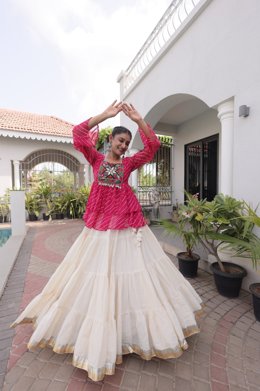 Pink Laheriya Print Kutchi Gamthi Patchwork Top with White Kora Cotton Frill Lehenga