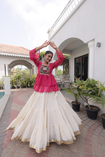 Pink Laheriya Print Kutchi Gamthi Patchwork Top with White Kora Cotton Frill Lehenga