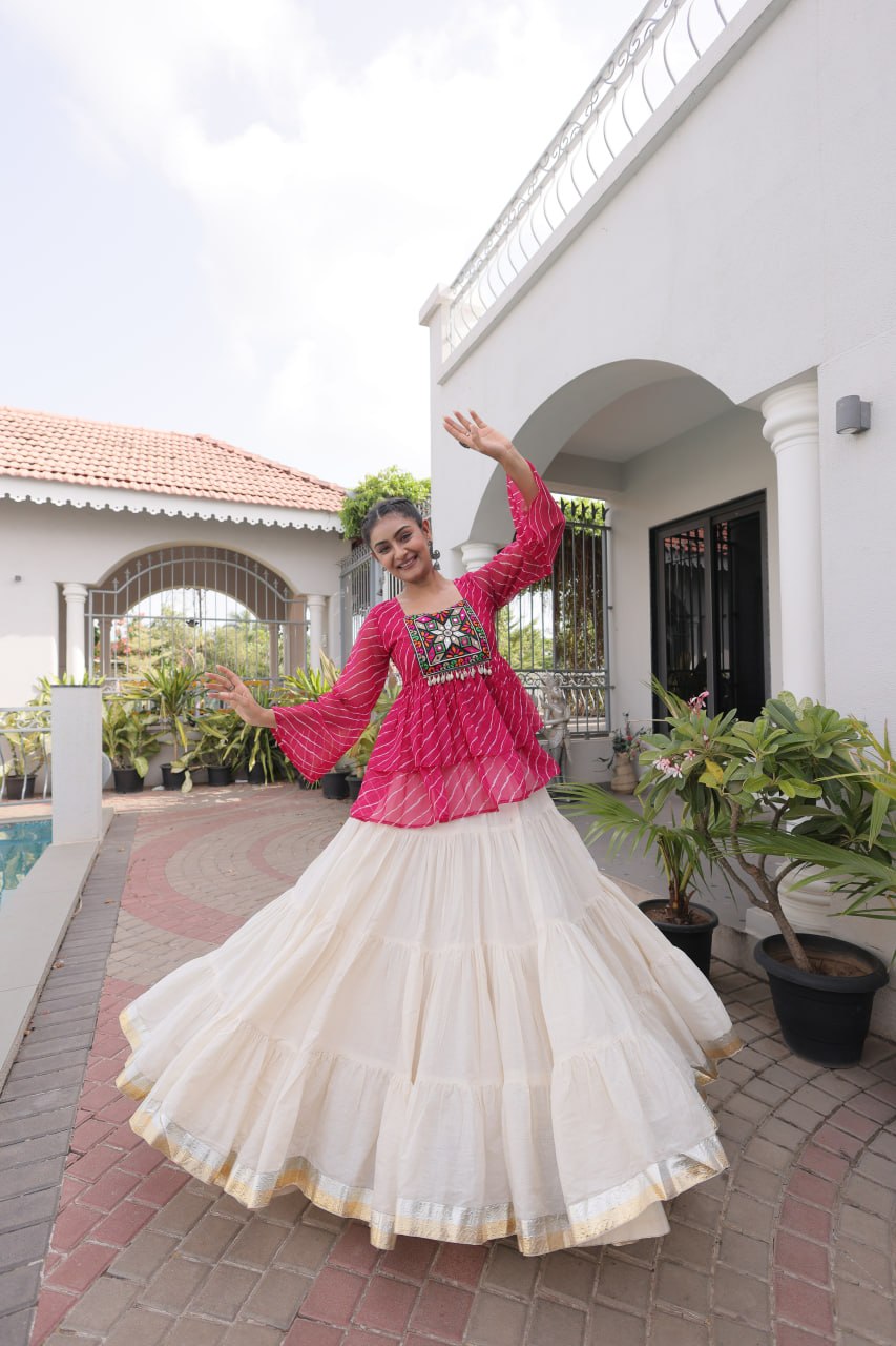 Pink Laheriya Print Kutchi Gamthi Patchwork Top with White Kora Cotton Frill Lehenga