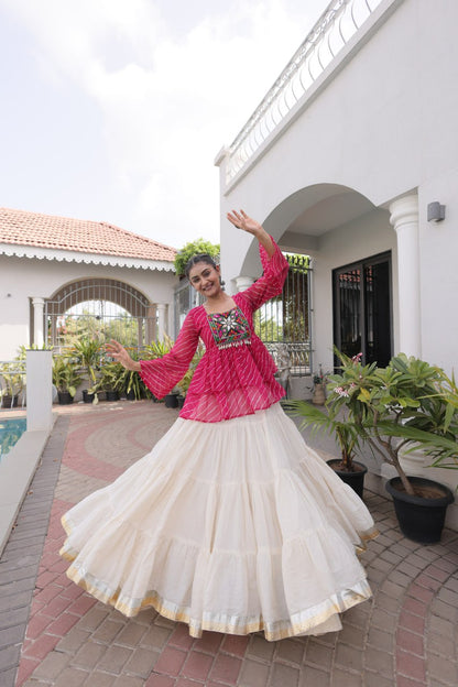 Pink Laheriya Print Kutchi Gamthi Patchwork Top with White Kora Cotton Frill Lehenga