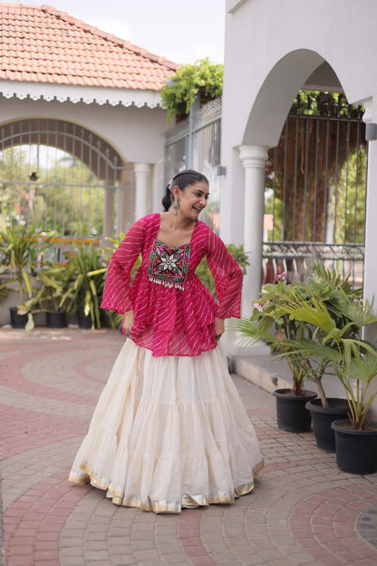 Pink Laheriya Print Kutchi Gamthi Patchwork Top with White Kora Cotton Frill Lehenga