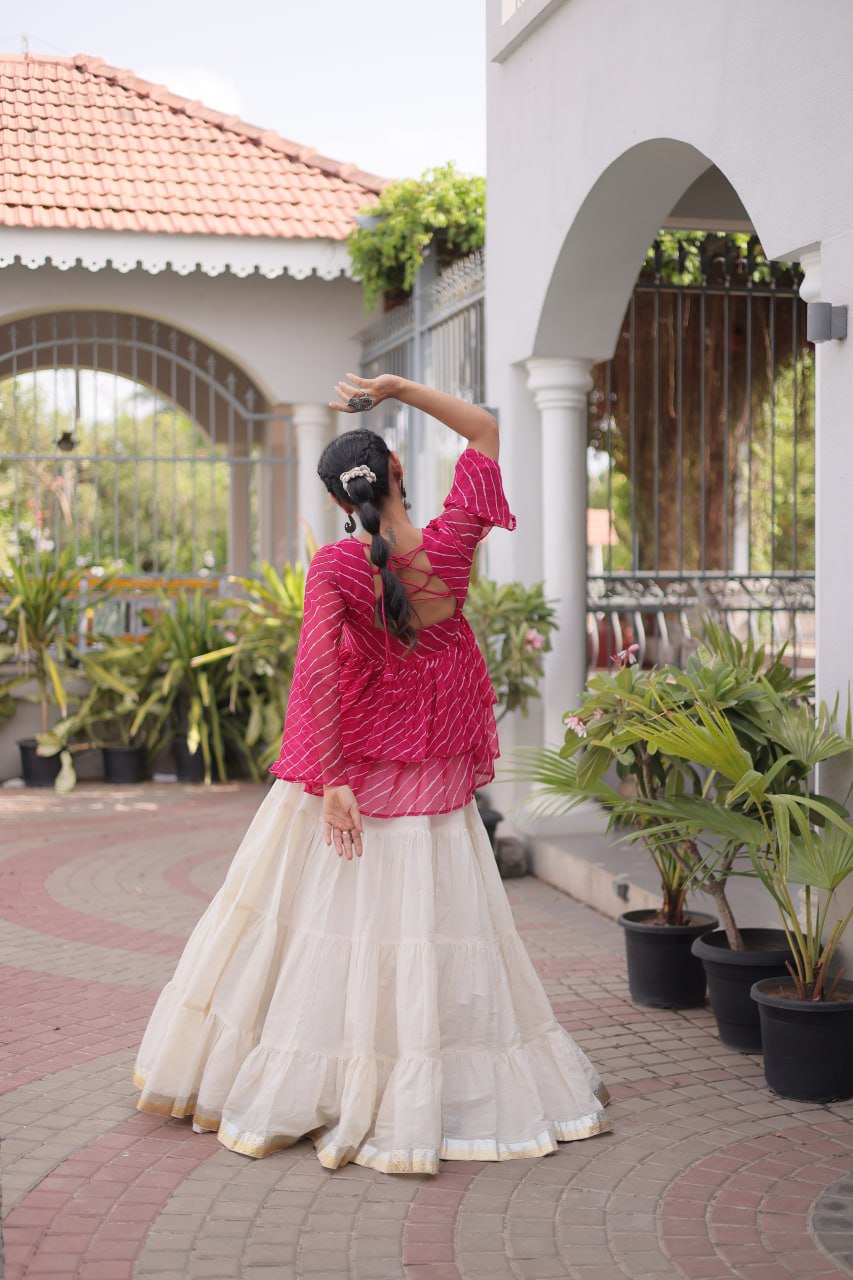 Pink Laheriya Print Kutchi Gamthi Patchwork Top with White Kora Cotton Frill Lehenga