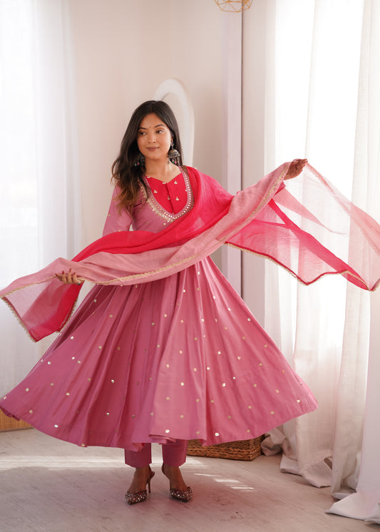 Pink Roman Silk Anarkali Gown with Real Mirror Work & Embroidered Dupatta