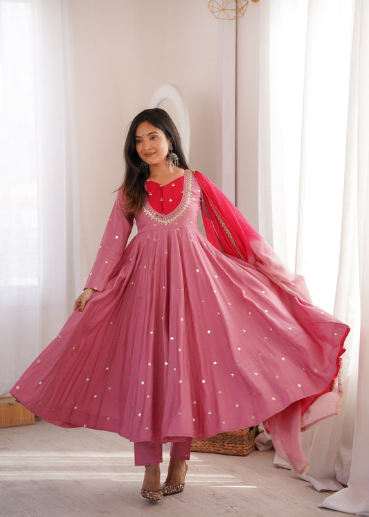 Pink Roman Silk Anarkali Gown with Real Mirror Work & Embroidered Dupatta