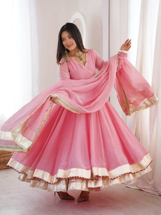 Pink Tabby Organza Silk Anarkali lehenga set with mirror hand work Gotta Patti lace and dupatta for women