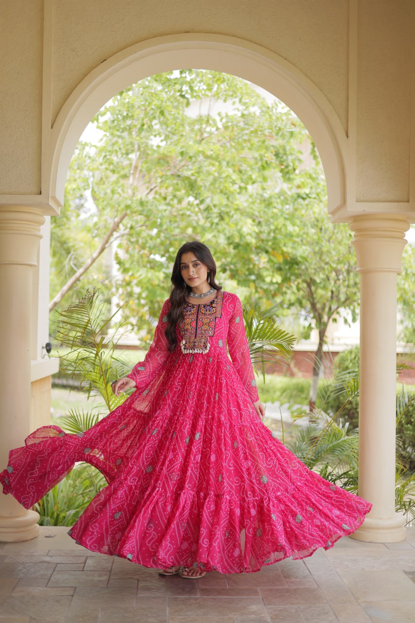 Green Bandhani Print Kutchi Gamthi Patchwork Gown