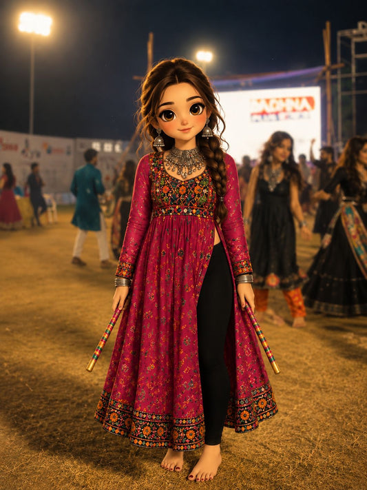 Pink Ethnic Navratri Kurti with Thread & Mirror Work