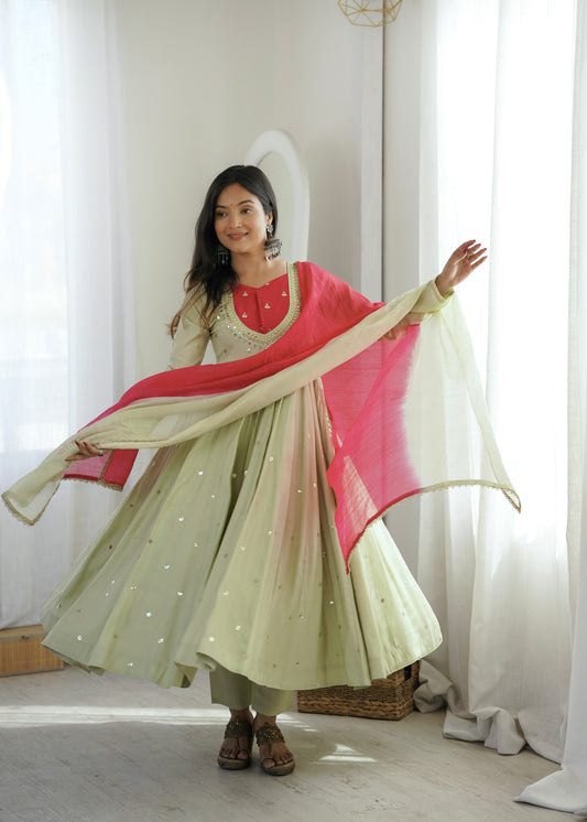 Pista Green Roman Silk Anarkali Gown with Real Mirror Work & Kota Checks Dupatta