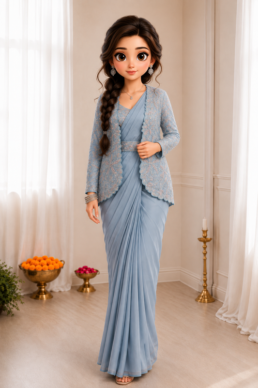 Powder Blue Pre-Draped Saree with Designer Embroidered Jacket & Belt