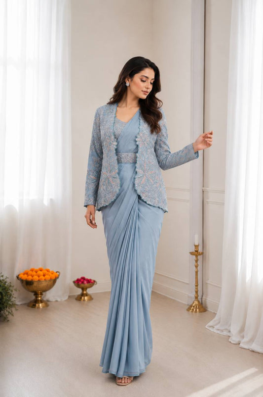 Powder Blue Pre-Draped Saree with Designer Embroidered Jacket & Belt