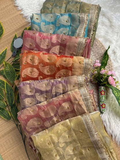 Pure Soft Banarasi Satin Silk Ghungroo Saree with Golden Zari Border