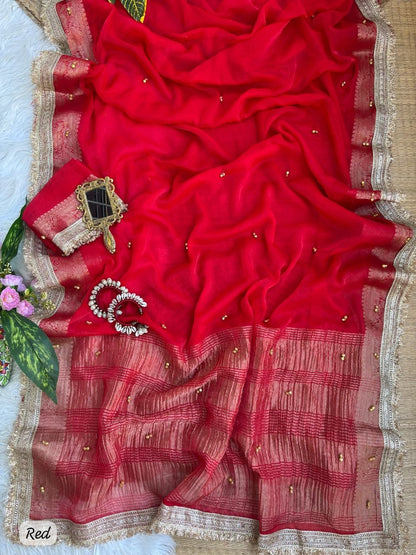 Fendy Chiffon Ghungroo Saree with Golden Zari Border & Decorative Tassels
