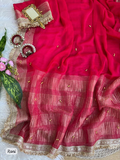 Fendy Chiffon Ghungroo Saree with Golden Zari Border & Decorative Tassels