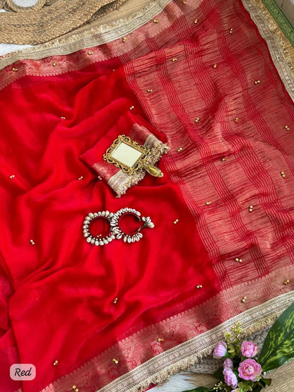 Fendy Chiffon Ghungroo Saree with Golden Zari Border & Decorative Tassels