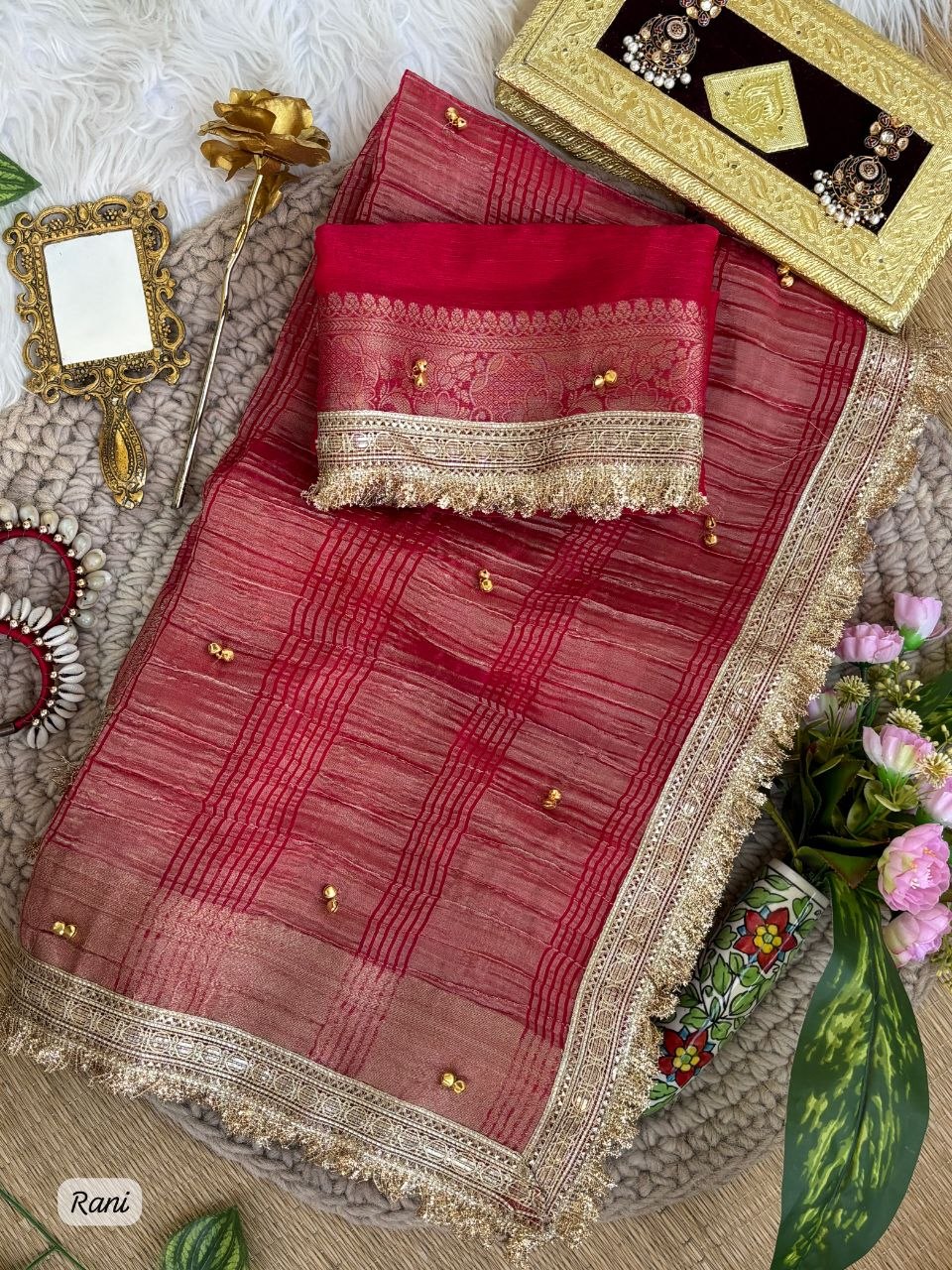Fendy Chiffon Ghungroo Saree with Golden Zari Border & Decorative Tassels