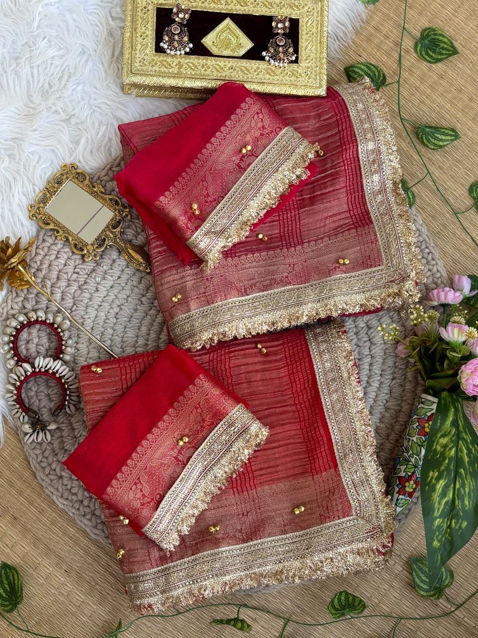 Fendy Chiffon Ghungroo Saree with Golden Zari Border & Decorative Tassels